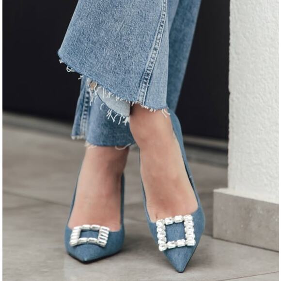 MANGO Denim Crystal Buckle Heels NWT – Embellished Pointed Toe Pumps, Size 8.5 - Picture 7 of 12